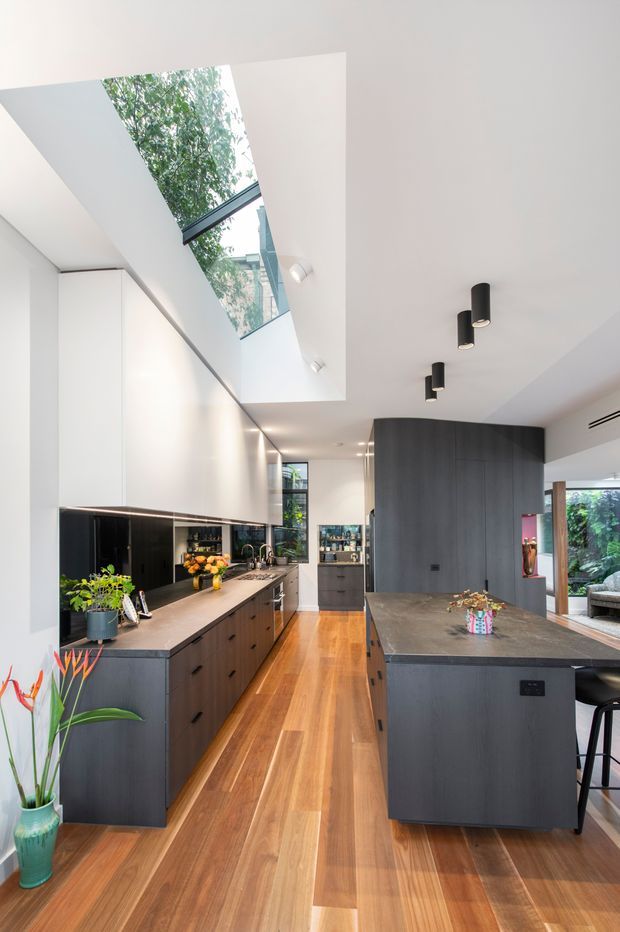 A bright contemporary kitchen viewed from the main circulation area, featuring a long galley-style run of dark timber cabinetry, a large central island with a dark stone-like benchtop, glossy black splashback, warm timber flooring, and white walls and ceiling. A dramatic linear skylight brings in daylight and views of greenery, while black cylindrical track lights and recessed lighting provide illumination. The kitchen opens toward a living area and garden beyond.
