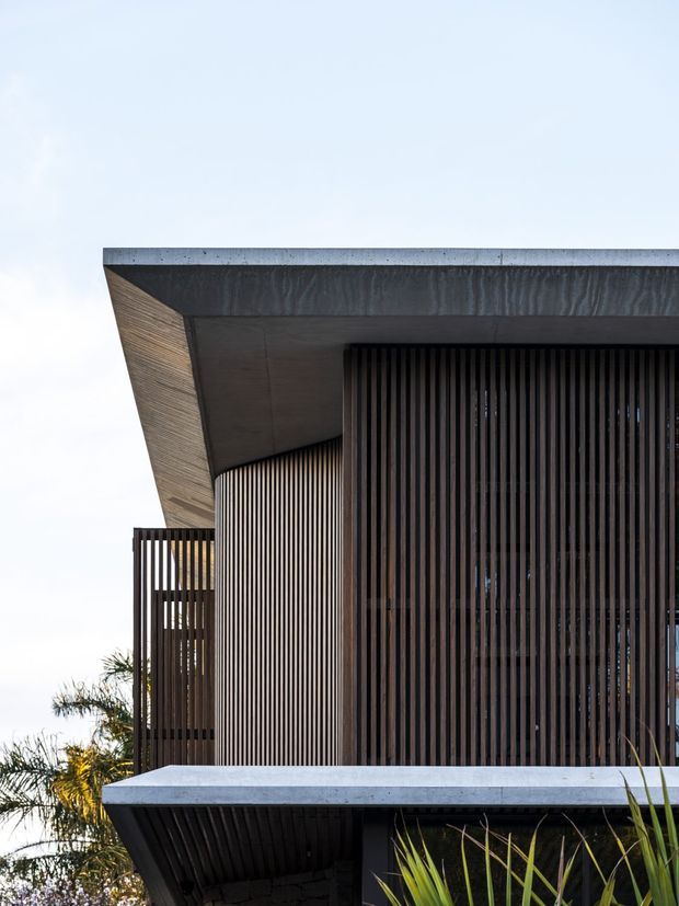 Close-up exterior view of a contemporary dark-clad building, featuring a broad projecting roof or canopy, exposed concrete fascia, deep eaves, and extensive vertical timber or metal screening over glazing. The layered slatted facade creates a strong rhythm and provides privacy and shade. Tropical planting is visible at the lower edge, while the pale sky forms the background.