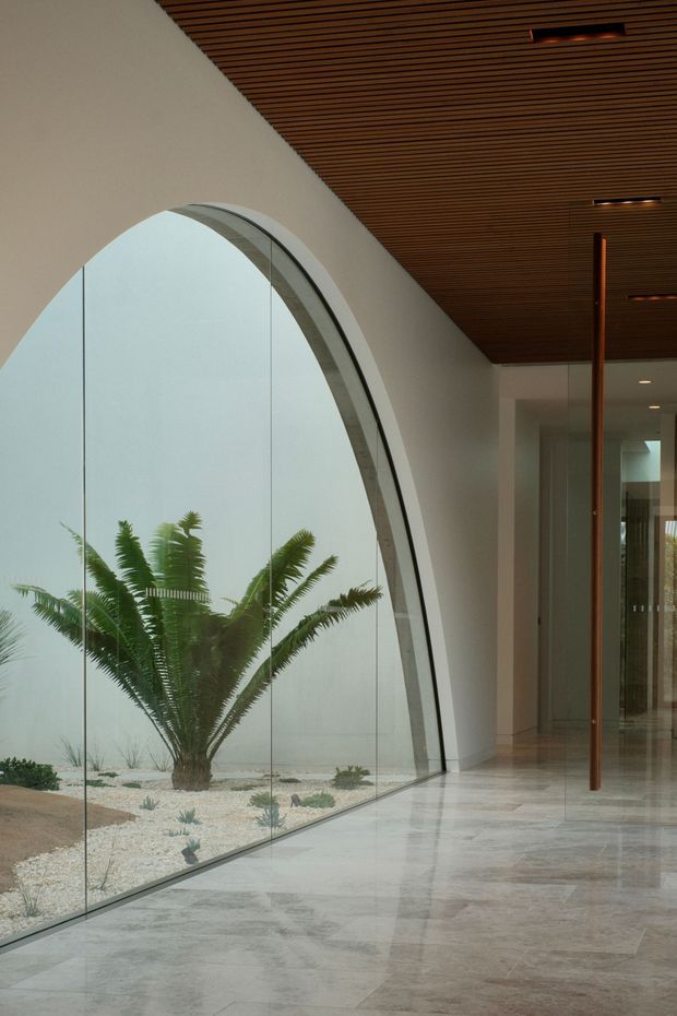 A refined architectural interior corridor or gallery with a dramatic full-height arched glazed opening overlooking a minimalist indoor courtyard planted with a large cycad and gravel landscaping. The space features pale polished stone flooring, smooth off-white walls, a warm dark timber slatted ceiling with recessed linear lighting, and slender warm timber or bronze-toned columns and door frames. The composition is calm, spacious, and strongly focused on the curved glazing and connection to the planted courtyard.