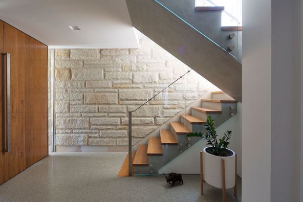 Contemporary interior stairway with floating timber steps, clear glass balustrades, and a slender metal handrail beside a textured light stone feature wall. A tall timber entry door and built-in timber cabinetry are visible to the left, with a potted plant beneath the stairs. Natural light enters from high-level glazing.