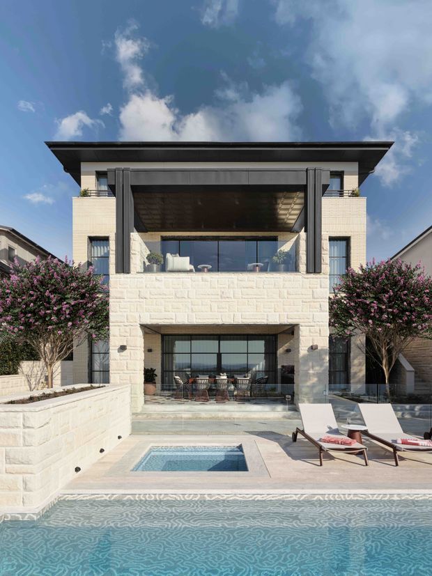 A contemporary multi-level residence viewed from the pool courtyard, featuring pale masonry walls, dark metal roof edges and structural framing, expansive glazed openings, an upper covered outdoor lounge, and a swimming pool with a smaller spa in the foreground. Symmetrical landscaping and sun loungers frame the bright, resort-like exterior.