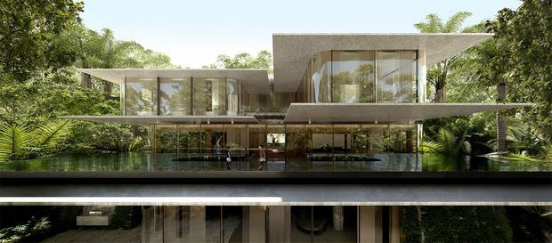 A photorealistic architectural rendering of a luxurious modern multi-level house set within dense tropical landscaping. The design features extensive floor-to-ceiling glazing, thin horizontal concrete or stone slabs, cantilevered volumes, open terraces, and a long reflecting pool or water feature in the foreground. The lower level appears partially submerged or reflected beneath the main structure, creating a strong layered, horizontal composition.