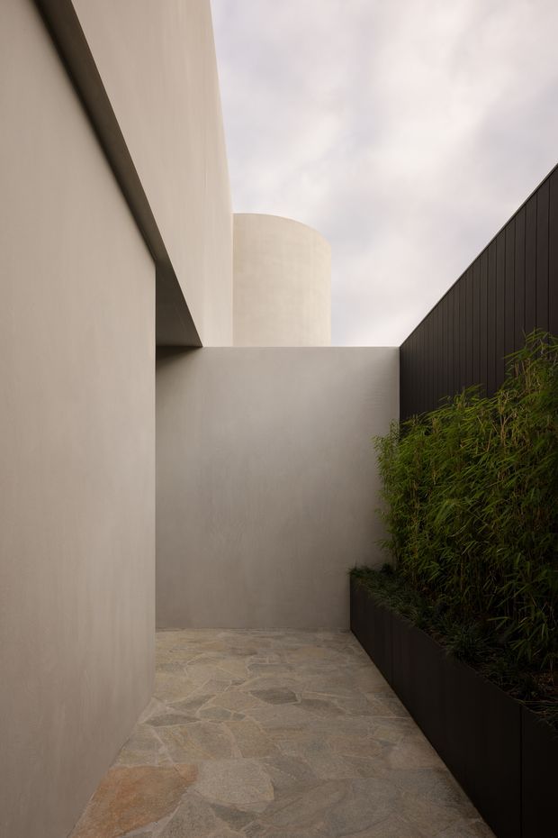 A narrow, enclosed contemporary exterior passage or courtyard walkway between smooth pale rendered walls and a tall dark vertical-panel fence. Irregular natural stone paving leads toward a curved cylindrical architectural volume visible above the rear wall, while dense bamboo-like planting fills a raised dark planter along the right side. The composition is minimalist, quiet, and sculptural under an overcast sky.