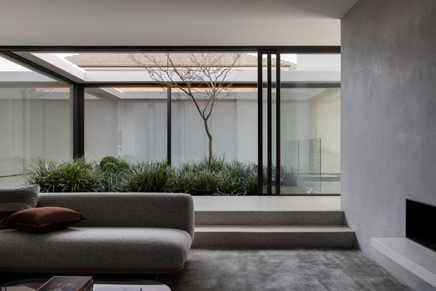 Contemporary living room with a low-profile grey sofa, dark-framed floor-to-ceiling glazing, and a recessed internal courtyard planted with grasses and a small tree. Broad steps lead up to the glazed courtyard, while a wall-mounted television and minimalist white ledge occupy the right wall. The space has a restrained, monochromatic palette, concrete-like finishes, and strong indoor-outdoor visual connection.