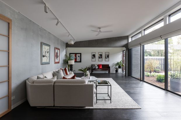 A spacious contemporary living room with a neutral sectional sofa, dark timber flooring, large textured rug, glass coffee table, and a compact lounge area at the rear. The room features a cool grey concrete-effect wall, track lighting, ceiling fan, framed artwork, indoor plants, and extensive floor-to-ceiling glazing opening toward a landscaped outdoor area.