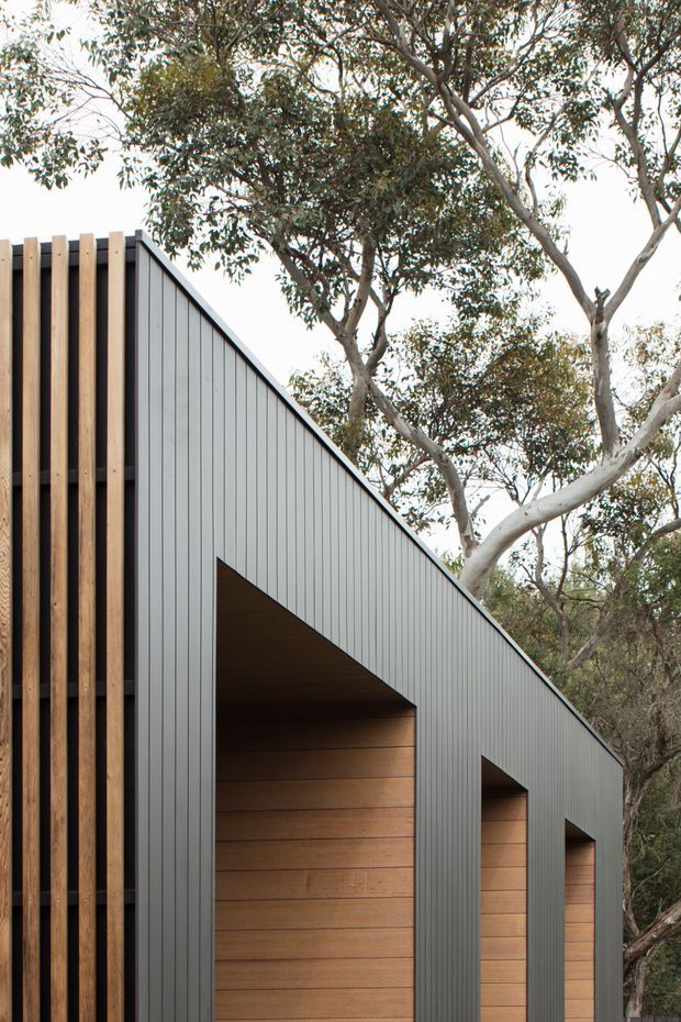Close-up exterior architectural view of a modern building integrated into a wooded setting. The facade has a steeply sloping triangular roofline clad in dark grey vertically ribbed panels, with repeated recessed openings lined in warm horizontal timber boards. A vertical timber batten screen frames the left edge, while mature eucalyptus trees surround the structure.