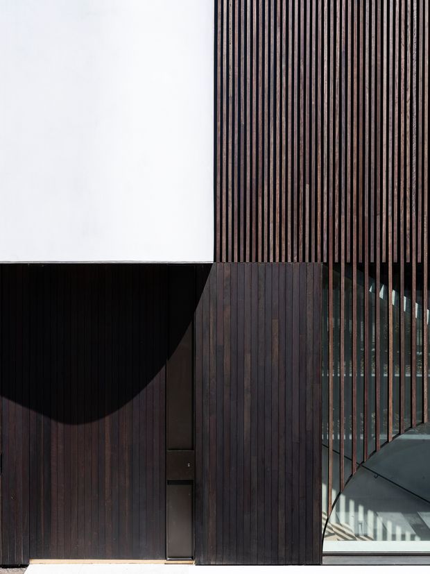 Close-up exterior architectural view of a sharply composed contemporary facade. Dark vertically grooved timber cladding dominates the lower and right portions, with tall narrow vertical fins screening a glazed section and casting strong linear shadows. A large plain white upper wall creates a high-contrast geometric composition, while a dark entry door and angled roof or canopy element are visible at ground level.