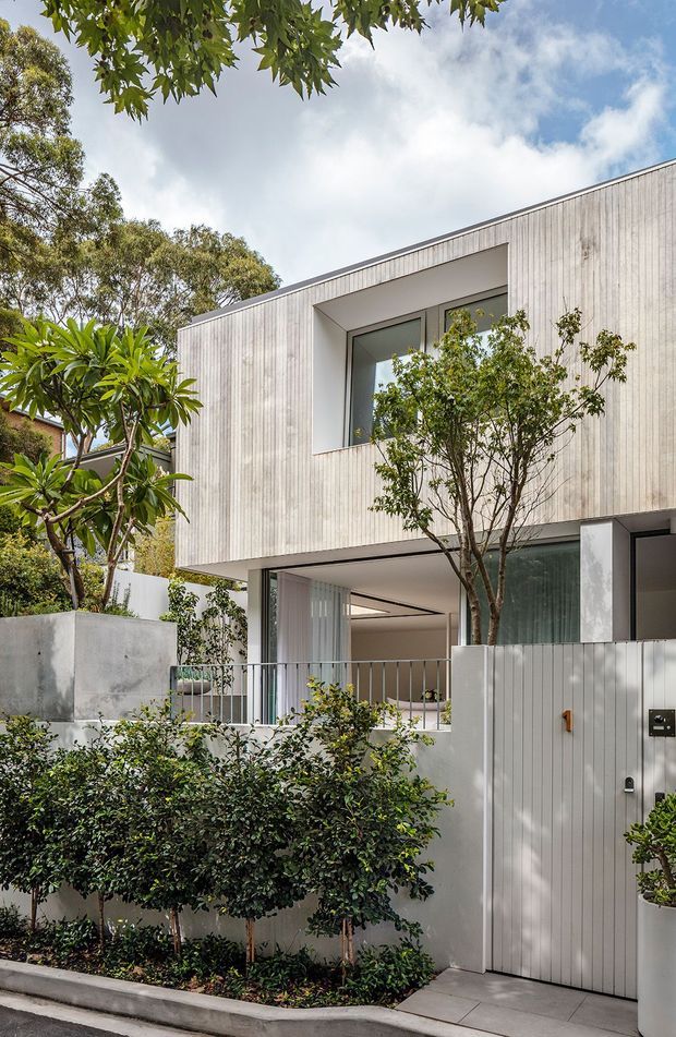 Street-facing view of a contemporary two-storey residence with a clean rectilinear form, pale vertically ribbed cladding, large recessed windows, and an open covered ground-floor terrace. A light timber-look pedestrian gate and boundary wall sit behind layered landscaped planting, with mature trees surrounding the property.