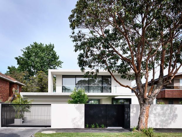Street-facing view of a contemporary two-storey residence with a crisp white rendered facade, strong rectangular roofline, expansive upper-level glazing, and dark metal garage and entry gates. A mature street tree partially screens the house, while neighbouring brick and rendered homes are visible at either side.