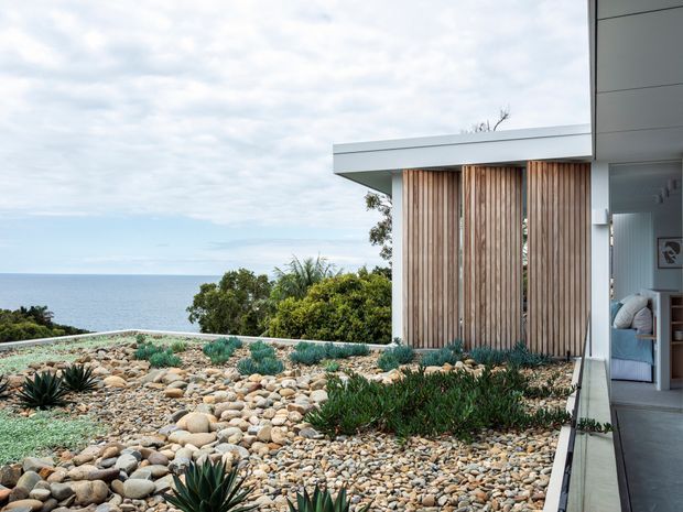 A contemporary coastal house exterior overlooking the ocean. The image shows a flat-roofed white structure with vertical timber screening, an open glazed entrance, and a dry landscaped garden of river stones, rocks, succulents, and agave-like plants. A glimpse of a light-toned interior is visible at the right edge.