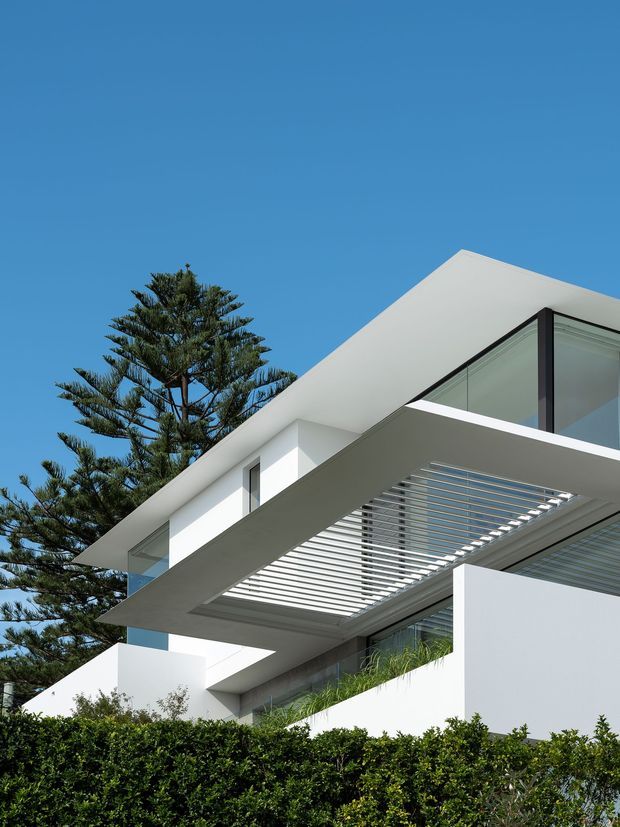 Exterior view of a crisp modern white house with strong cantilevered horizontal volumes, expansive glazing, dark window frames, and a slatted pergola or sun-shading structure over an outdoor area. Dense hedging and a tall evergreen tree frame the foreground and left side against a clear blue sky.