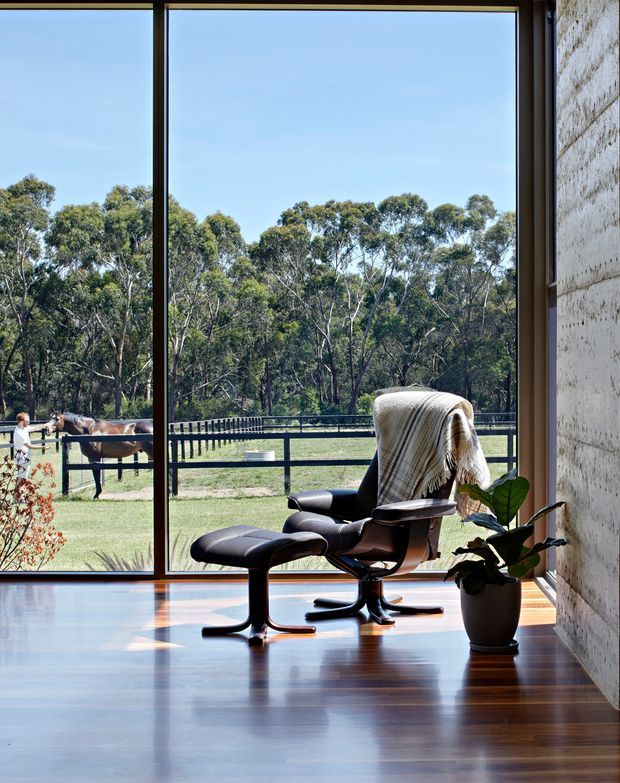 A serene, minimalist seating nook with a dark leather lounge chair and matching ottoman positioned beside expansive floor-to-ceiling glazing. The room opens to a rural landscape with horses and eucalyptus trees, while a potted plant and draped neutral throw add warmth. The interior features a polished dark timber floor, a pale textured masonry wall, and slim dark window frames.