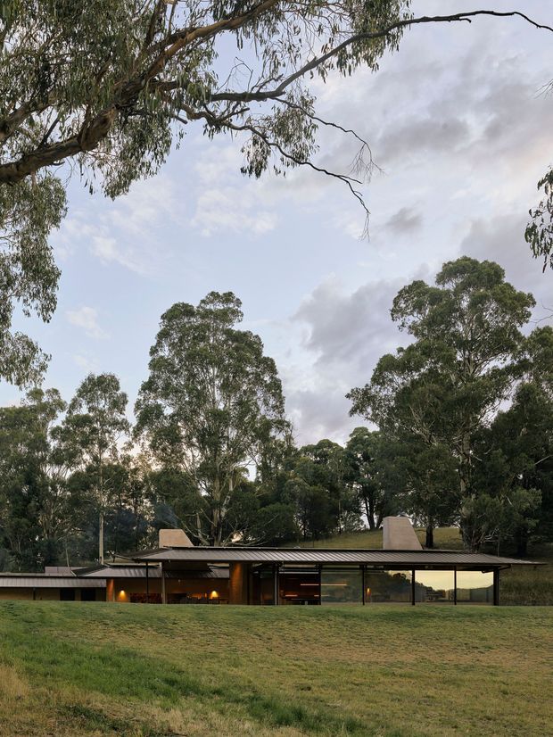 A low, single-storey modern house set into a broad grassy site and surrounded by mature eucalyptus trees. The building has a long, horizontal composition with extensive floor-to-ceiling glazing, dark slender framing, a shallow low-pitched roof, warm timber-toned interior surfaces, and prominent masonry chimney forms. The scene has a restrained, natural Australian bush setting and subdued evening light.