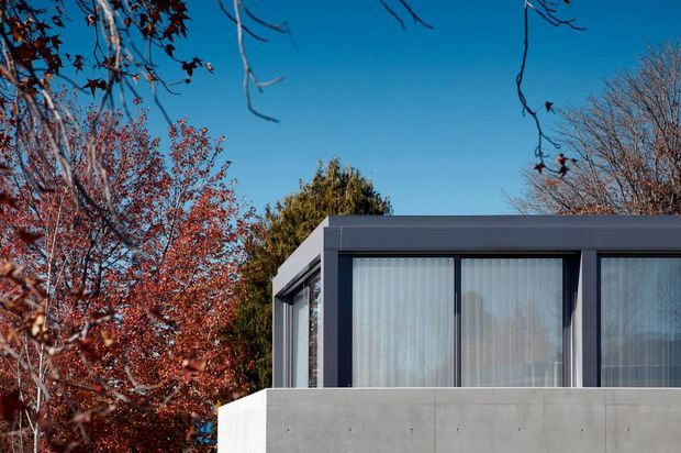 Close exterior view of a crisp modern building corner, featuring a flat roof, dark charcoal window and door framing, expansive floor-to-ceiling glazing with sheer curtains, and a smooth pale grey concrete privacy wall. Autumn trees surround the structure, contrasting with the minimalist rectilinear facade.