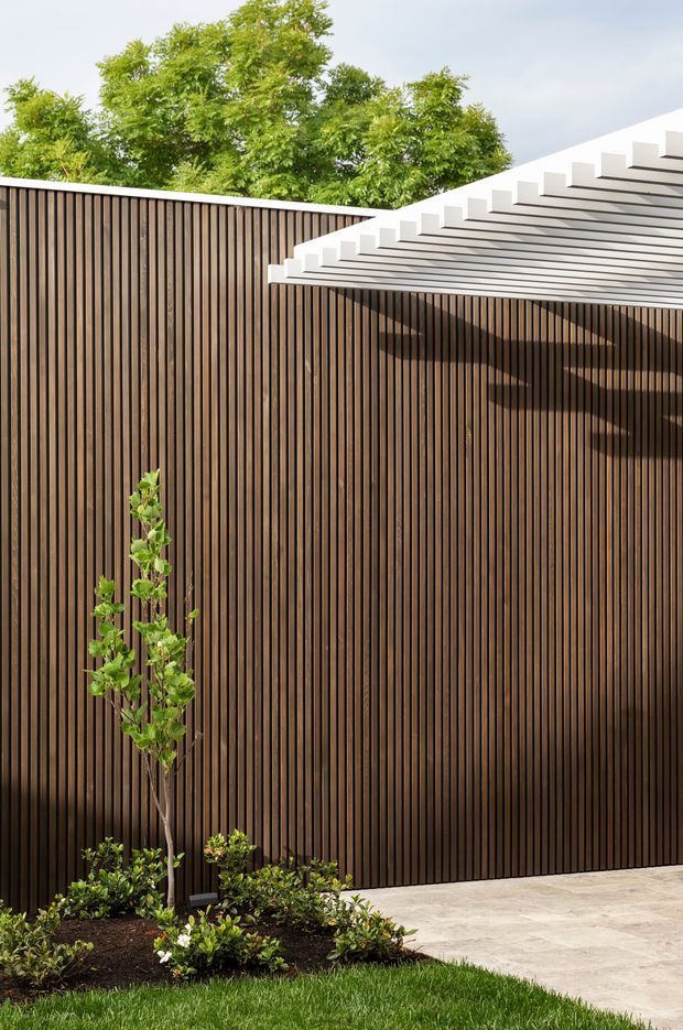 A contemporary courtyard or garden facade featuring tall, closely spaced dark timber-toned vertical wall cladding and a projecting white slatted pergola or canopy. A small landscaped planting bed with a young tree borders a pale paved surface, with mature greenery visible above the wall. The composition is clean, geometric, and strongly focused on the exterior materials and screening.