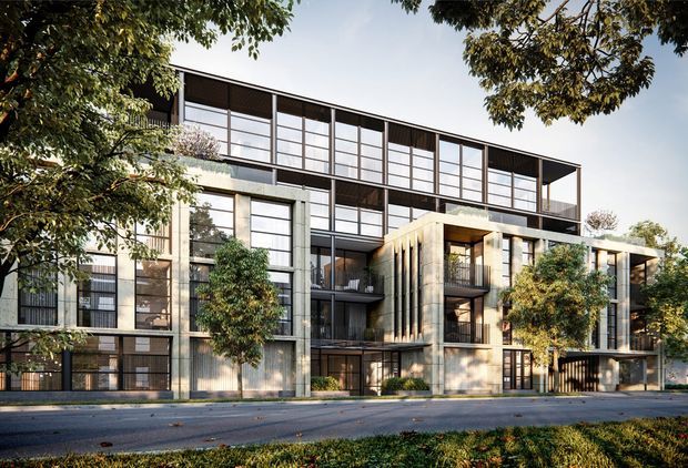 Architectural rendering of a contemporary multi-storey residential apartment building viewed from a landscaped street. The facade combines extensive floor-to-ceiling glazing, dark metal-framed upper-level screening, pale concrete or masonry vertical elements, recessed balconies, and projecting box-like volumes. Mature trees and planted landscaping partially frame the building.