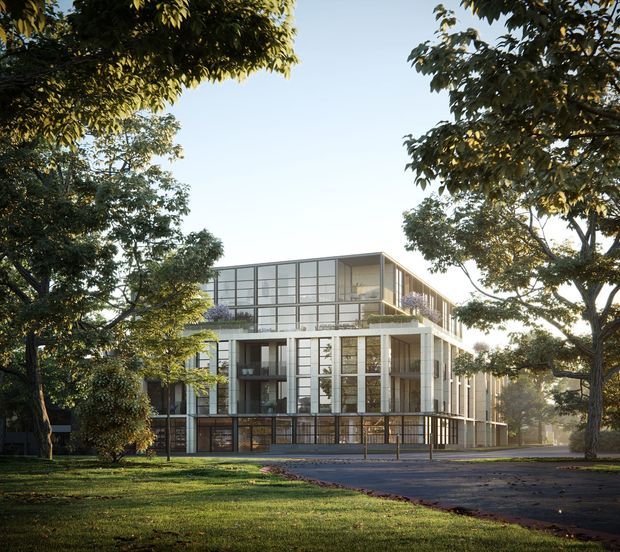 Architectural exterior rendering of a contemporary multi-storey building set within a leafy landscaped site. The building features extensive floor-to-ceiling glazing, a rectilinear structural grid, projecting terraces and balconies, pale concrete or rendered horizontal slabs, and dark slender window and balcony framing. Mature trees and a paved approach frame the scene.