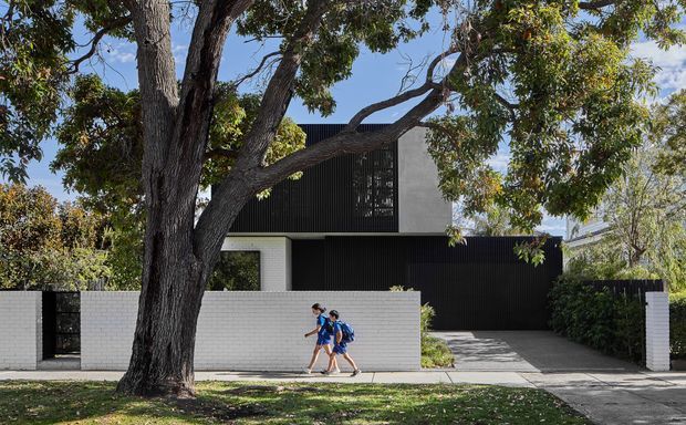 Street-level exterior view of a contemporary multi-level residence, partially screened by a large mature tree. The house has a dark vertically ribbed upper facade, a pale rendered or masonry lower boundary wall, a broad driveway and garage entrance, and a flat or very low-pitched roofline. Dense hedging and established landscaping frame the property.