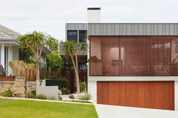 Street-facing view of a contemporary multi-level residence with a flat roof, clean rectilinear massing, a white rendered facade, grey upper cladding, a prominent vertical timber privacy screen, and a large timber garage door. The entry is landscaped with stone retaining walls, ornamental grasses, shrubs, and sculptural dracaena trees. A neighbouring dwelling is partially visible at left.