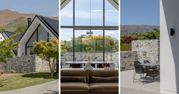 Triptych showing a contemporary alpine residence with steep gabled roof forms, dark metal roofing, white rendered walls, expansive floor-to-ceiling glazing, and substantial grey stone boundary walls. The central view looks through the glazed living area toward landscaped grounds and mountain terrain, while the right view shows an outdoor dining setting beside the stone wall.