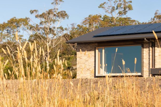 Single-storey brick-clad house viewed from the surrounding dry grassland, with a dark low-pitched roof, broad window, and roof-mounted solar panels. Native eucalyptus woodland and tall golden grasses surround the building, giving the scene a warm, natural Australian bush setting.