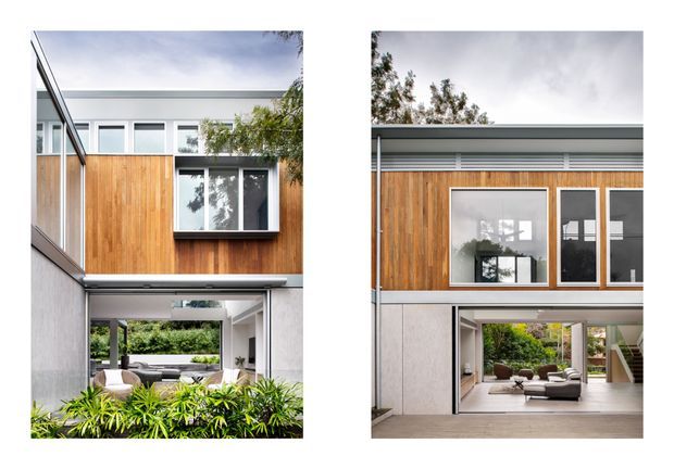 A paired exterior architectural photograph showing a contemporary multi-level courtyard house. The facade combines warm vertical timber cladding, pale smooth wall panels, dark-framed glazing, and a crisp flat roofline. Large openings and windows connect the upper and lower levels to a landscaped central courtyard, with living areas visible through the open ground-floor passage.