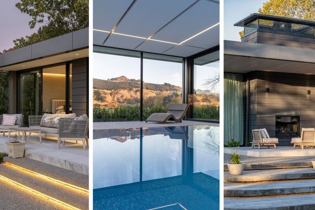 A three-panel architectural montage of a sleek contemporary home. The left panel shows an outdoor seating terrace with integrated step lighting and large glazed openings. The centre panel shows a glazed pool or sunroom edge with a reflective water surface, minimalist ceiling lines, and views toward a dry, hilly landscape. The right panel shows a dark-clad exterior facade with broad steps, an outdoor fireplace, glazing, and a covered upper-level balcony or roof form.