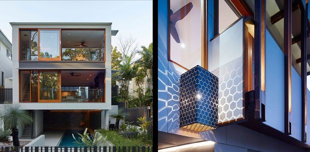 Composite architectural image showing a contemporary multi-level residential facade with extensive glazing, timber-framed windows, recessed balconies, a covered carport or entry level, and tropical landscaping. The second view shows an interior stair or entry zone with dark timber framing, angular glazing, and a distinctive hexagonal tiled feature wall illuminated by warm lighting.