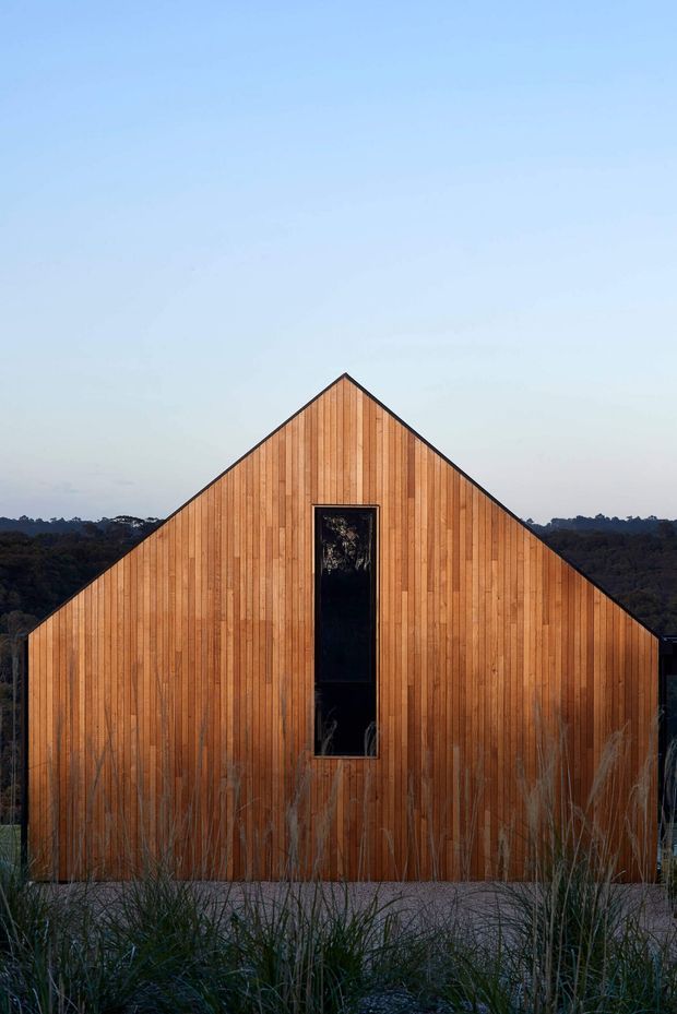 Front-facing exterior view of a simple gable-ended building clad in vertically arranged warm timber boards. A narrow, tall dark-framed window is centered in the triangular facade. Tall grasses occupy the foreground, with a wooded horizon and open sky behind the structure.
