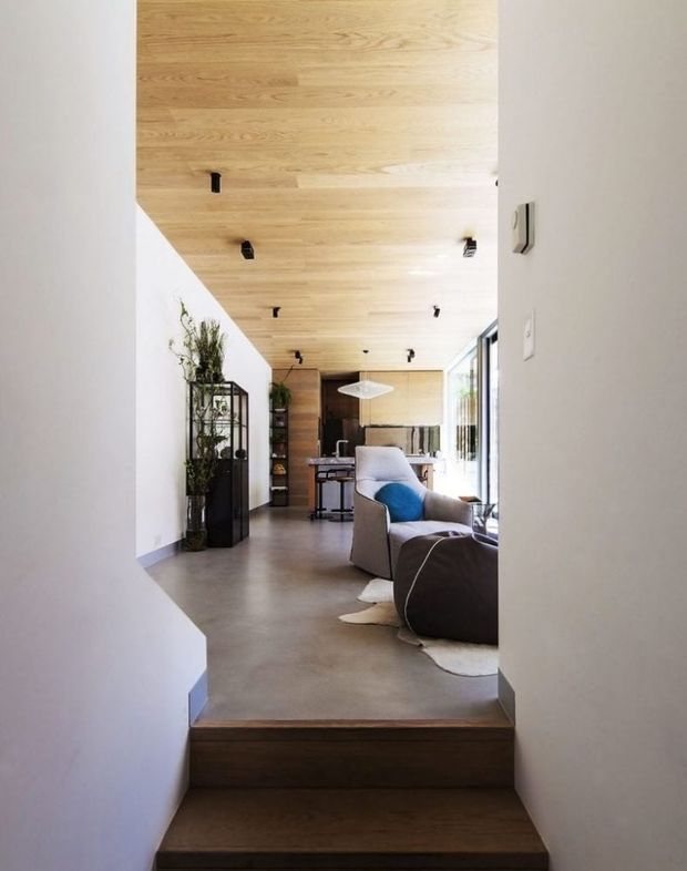 View from a short timber-lined stair transition into an open-plan living and dining area. The room has a warm light-wood ceiling with recessed black spotlights, smooth pale walls, a polished grey concrete floor, contemporary upholstered seating, a dining table, built-in timber joinery, and generous glazing along one side.
