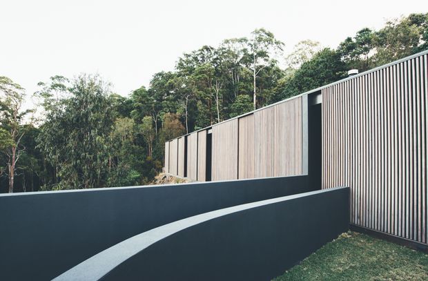 Exterior view of a contemporary, elongated building set against dense native vegetation. The facade combines dark painted walls with vertical timber-look slatted cladding and narrow dark-framed openings. A sweeping pale concrete or rendered ramp/wall element leads toward the entrance, creating a strong geometric foreground.