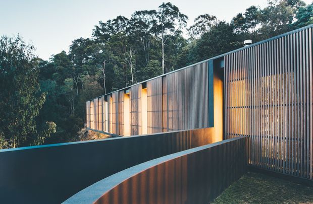 Contemporary residential exterior set within dense native woodland. The long, low building is composed of dark metal-clad walls and vertically slatted screening, with warm light glowing through recessed openings. Curved dark boundary walls and a gently sloping approach emphasize the integrated, landscape-responsive composition.