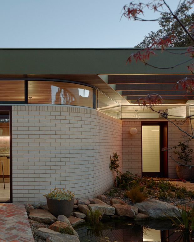 A contemporary courtyard exterior with a curved pale brick wall, dark-framed glazing, timber-lined soffits, and a warm-lit entry door. A small landscaped pond with rocks and native-style planting occupies the foreground, while a flat roof and sheltered outdoor circulation define the architecture.
