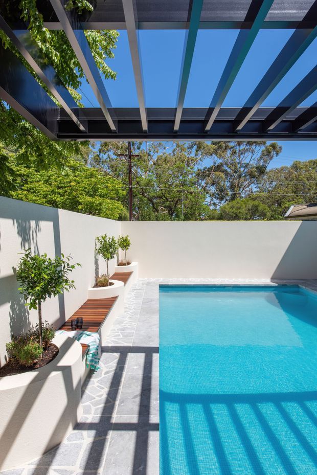 A bright contemporary courtyard pool area viewed beneath a roofed pergola. The rectangular swimming pool is surrounded by pale stone paving and white rendered walls, with integrated curved raised planters and timber decking. Dark structural beams create strong linear shadows across the pool and paving, while mature trees are visible beyond the courtyard walls.