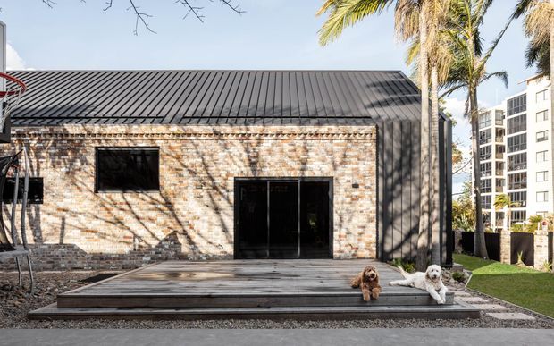Exterior view of a low-rise brick building with a dark standing-seam pitched roof, black-framed windows and entrance, and a broad timber deck reached by steps. Palm trees, lawn, neighbouring apartments, and two dogs are visible around the building.