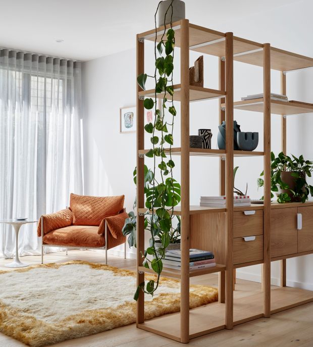 Bright contemporary living room with a warm timber open shelving and room-divider unit, integrated drawers and cabinetry, trailing indoor plants, an orange leather lounge chair, sheer floor-to-ceiling curtains, and a plush cream rug over light timber flooring.