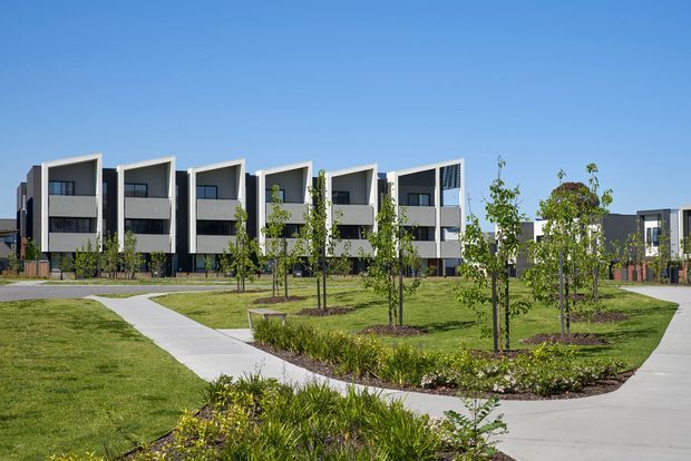 A contemporary multi-unit residential development viewed from a landscaped communal courtyard. The buildings feature repeated three-storey townhouse or apartment forms with crisp white projecting frames, dark grey wall panels, large rectangular glazing and flat or gently sloping rooflines. Concrete pedestrian paths curve through lawns and young planted trees under a clear blue sky.