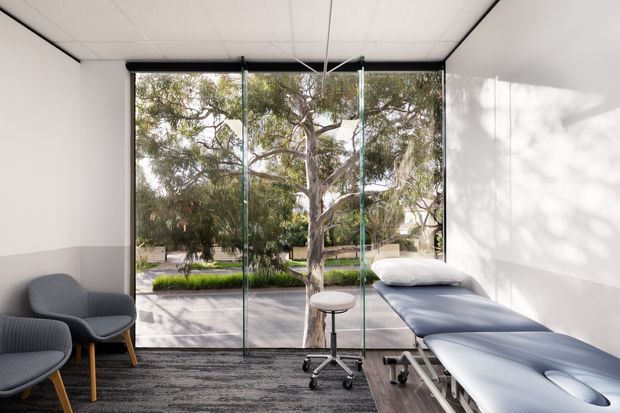 A clean, minimalist clinical treatment room with two blue-cushioned examination beds, a rolling stool, and upholstered guest chairs. Full-height glass doors and windows open views to a landscaped garden and mature tree outside. The room has white walls with a grey lower wall band, a suspended white ceiling, and dark grey patterned carpet.