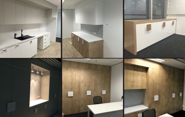 Collage showing a contemporary commercial office fit-out with a compact kitchenette, extensive white built-in cabinetry, timber-look cabinetry and wall panelling, dark accent walls, stone-look benchtops, meeting or work areas, and glazed office partitions. The spaces are clean, functional, and neutrally finished.