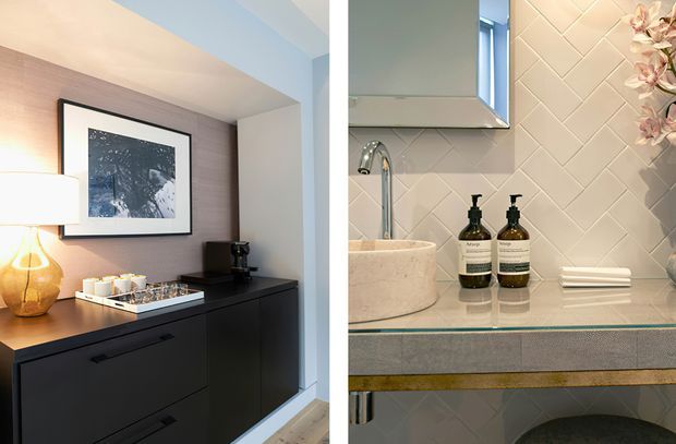 Split image showing two refined interior vignettes: a dark built-in cabinet and coffee station beneath framed artwork on the left, and a bathroom vanity with a vessel basin, chrome tapware, mirror, toiletries, and pale geometric wall tiling on the right.