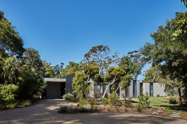 Low, modern residential facade partly screened by mature landscaping, with dark vertical cladding, light grey wall panels, a recessed garage or entry opening, and a gravel forecourt under a clear blue sky.