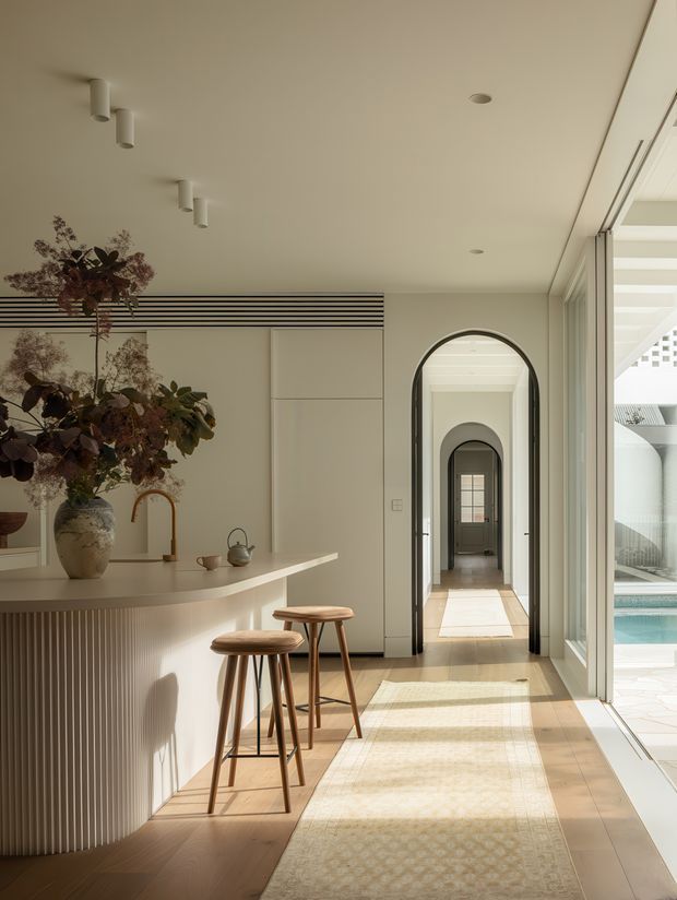 A refined, light-filled interior featuring a curved fluted kitchen island with a pale stone benchtop, timber bar stools, integrated pale cabinetry, and a sculptural arched hallway opening leading through multiple rooms. Full-height glazing on the right overlooks a swimming pool and a bright exterior courtyard. The space has warm timber flooring, restrained neutral finishes, layered arches, and contemporary classic detailing.