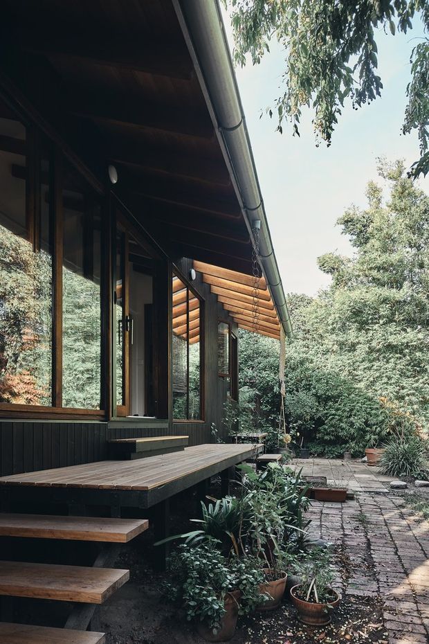 Exterior view of a dark timber-clad house with a deep covered veranda, extensive glazing, timber decking and steps, and a planted paved garden courtyard. The low-pitched roof has exposed timber soffits and metal gutters, creating a sheltered connection between the house and lush landscape.
