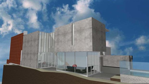 Exterior architectural rendering of a modern, angular multi-level concrete house on a sloped coastal site. The building features large floor-to-ceiling glazed walls, projecting cubic volumes, a vertical red-brick wall, and broad exterior terraces with ocean visible beyond.