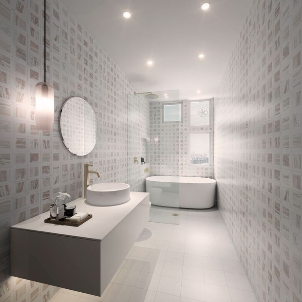 Bright contemporary bathroom with a freestanding oval bathtub, floating vanity with vessel basin, frameless glass shower screen, round wall mirror, recessed ceiling lights, and pale patterned wall tiles. The compact layout is finished in predominantly white and light grey tones.