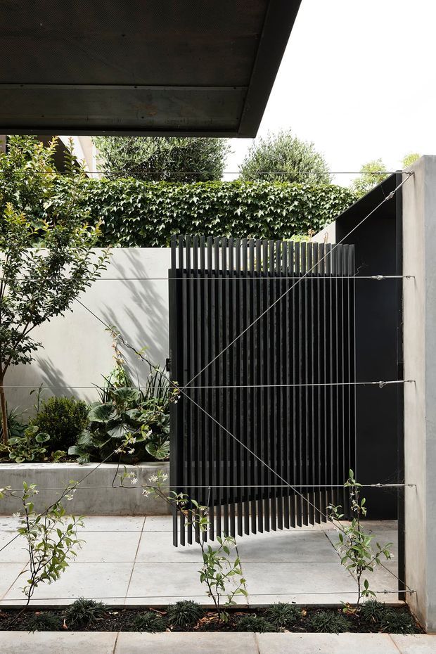 A contemporary courtyard or entry garden viewed beneath a dark roof overhang. The space features a tall black vertical-slat gate or screen with diagonal tension wires, pale rendered concrete walls, large light-coloured concrete paving slabs, and layered planted garden beds with climbing greenery and shrubs. The composition is minimalist and strongly geometric, with high contrast between the black screen and pale masonry.