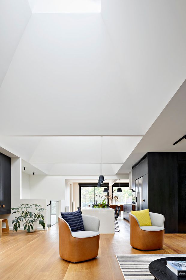 Bright contemporary open-plan interior with a living area in the foreground and a kitchen/dining zone beyond. The room features a dramatic white sloped ceiling with broad skylight-like planes, pale timber flooring, dark built-in cabinetry, white walls, a white central island or joinery element, and two rounded caramel leather lounge chairs with contrasting cushions. Large rear windows provide natural light and views of greenery.