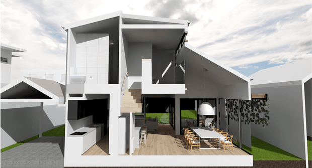 Architectural 3D rendering of a contemporary multi-level house with angular pitched and flat roof forms, white and grey exterior surfaces, large open glazing, and a covered outdoor dining terrace. The cutaway view reveals an open-plan interior with a kitchen on the left, a central stair, and a dining and lounge area opening to a green outdoor space. Strong geometric forms, deep roof overhangs, and a monochromatic palette define the design.