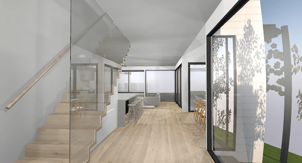 A bright contemporary open-plan interior viewed along a central circulation space. Pale timber flooring runs through the room, with a floating timber staircase and glass balustrade on the left, a kitchen island with bar stools in the middle distance, and full-height black-framed glazing on the right. White walls and ceilings, minimalist detailing, and abundant daylight create an airy architectural visualisation.
