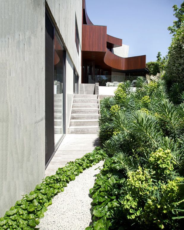 Exterior view of a contemporary multi-level residence approached via a landscaped garden path and concrete steps. The building combines a textured light-grey concrete wall, extensive dark glazing, and distinctive curved reddish-brown timber-clad projecting forms, with lush drought-tolerant planting in the foreground.